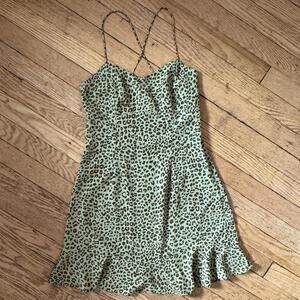 ZARA Leopard Print Spaghetti Strap Ruffle Mini Dress Small Green/Brown Y2K